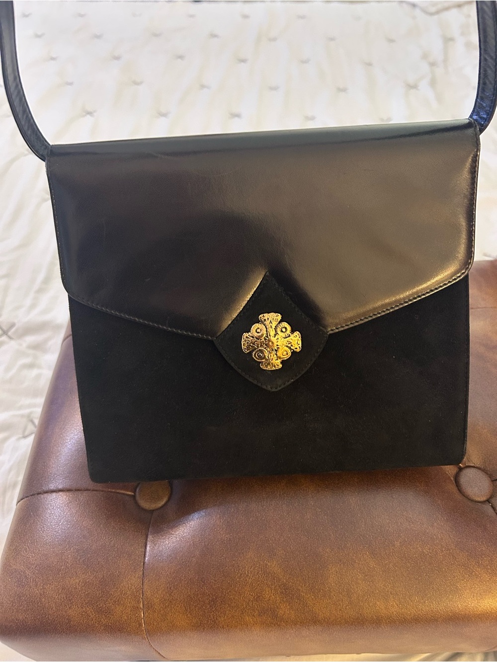 Bally Black Leather & Suede Shoulder Bag with Gold Accent